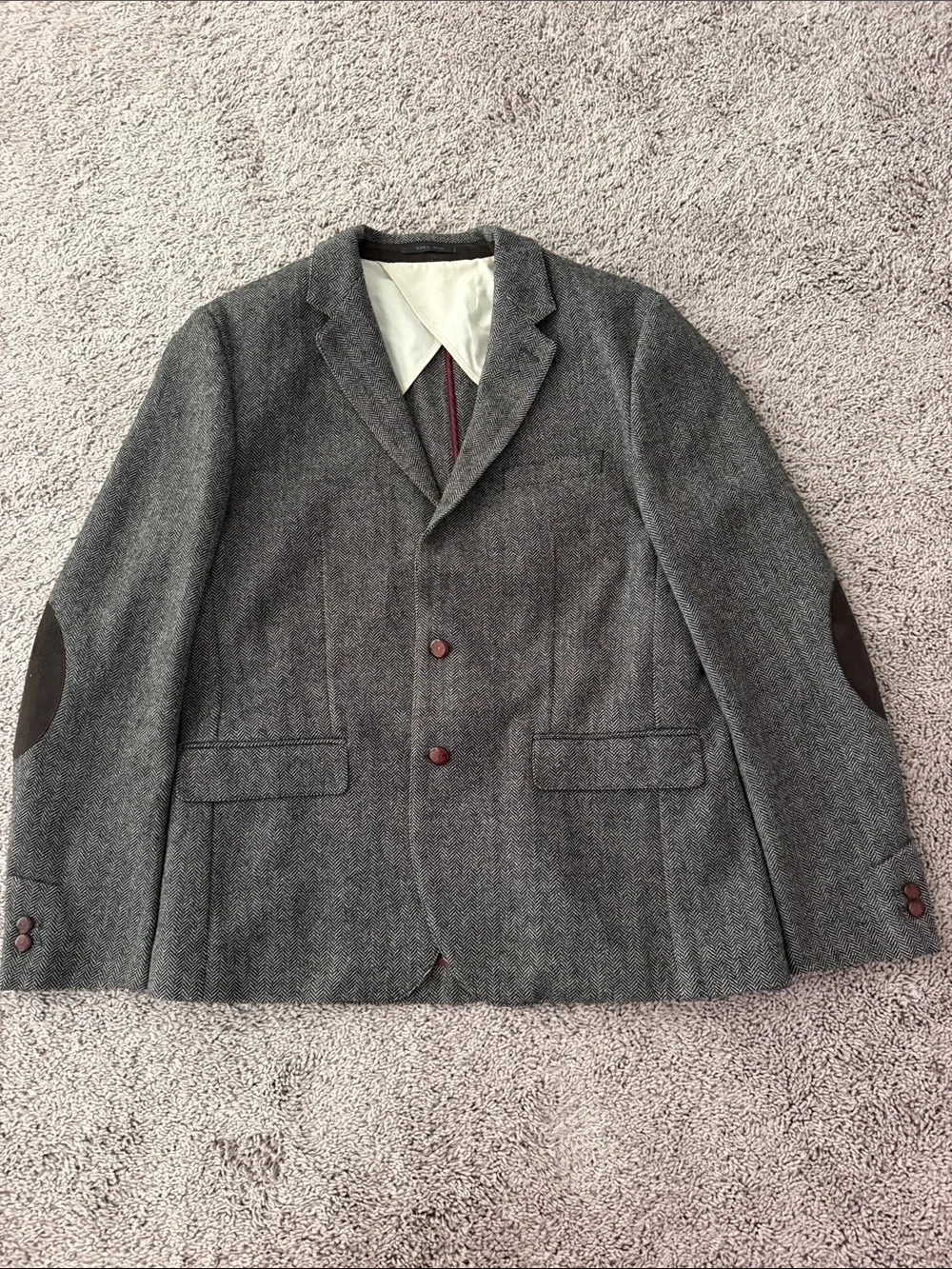 Zara Men's Gray Herringbone Sport Coat with Brown Elbow Patches
